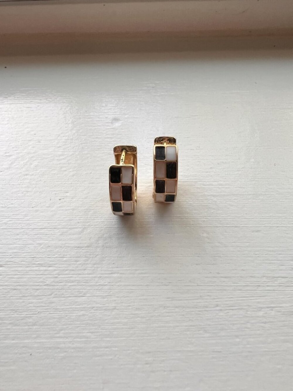 Checker Cartilage Hoops Teacher Earrings for Women White Black Enamel Gold